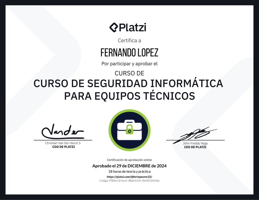 Diploma del Curso de Seguridad Informática para Equipos Técnicos