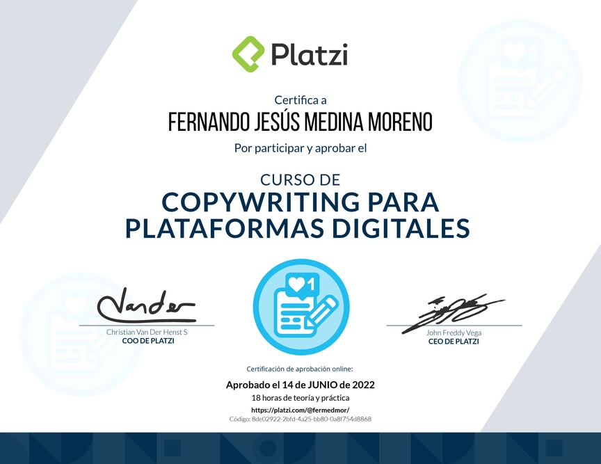 Diploma del Curso de Copywriting para Plataformas Digitales