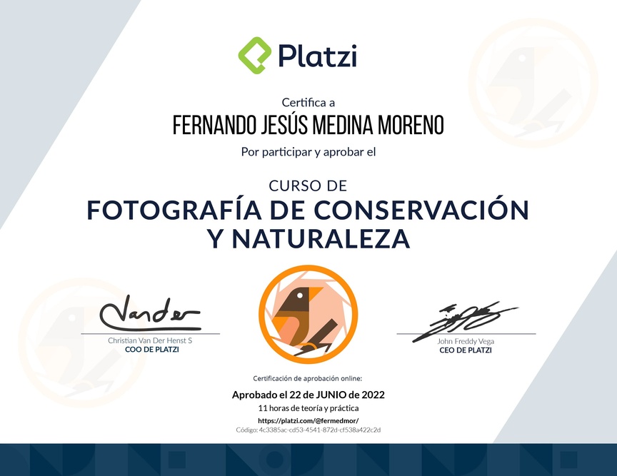 Diploma del Curso de Fotografía de Conservación y Naturaleza