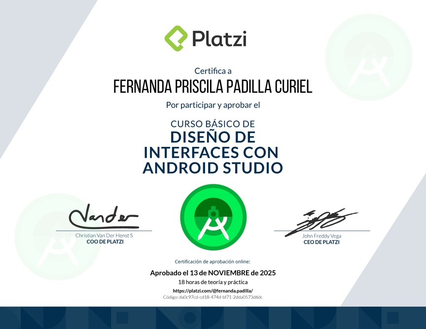Diploma del Curso Básico de Diseño de Interfaces con Android Studio