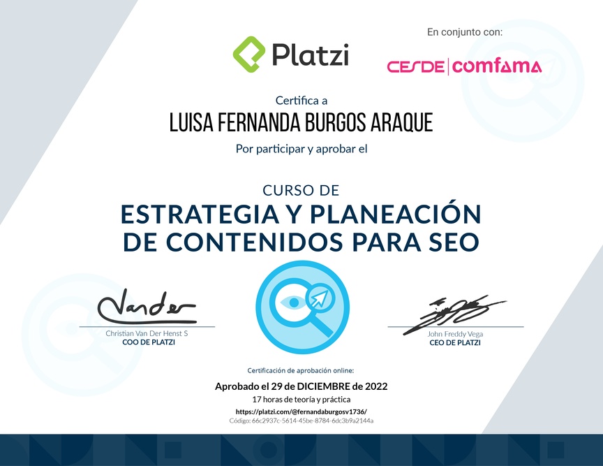Diploma del Curso de Estrategia y Planeación de Contenidos para SEO (2020)