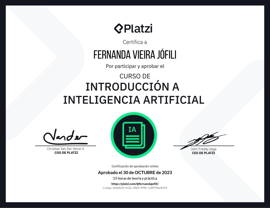 Diploma del Curso de Introducción a Inteligencia Artificial (2023)