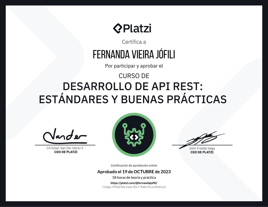 Diploma del Curso de Estándares y Buenas Prácticas para API REST con Laravel