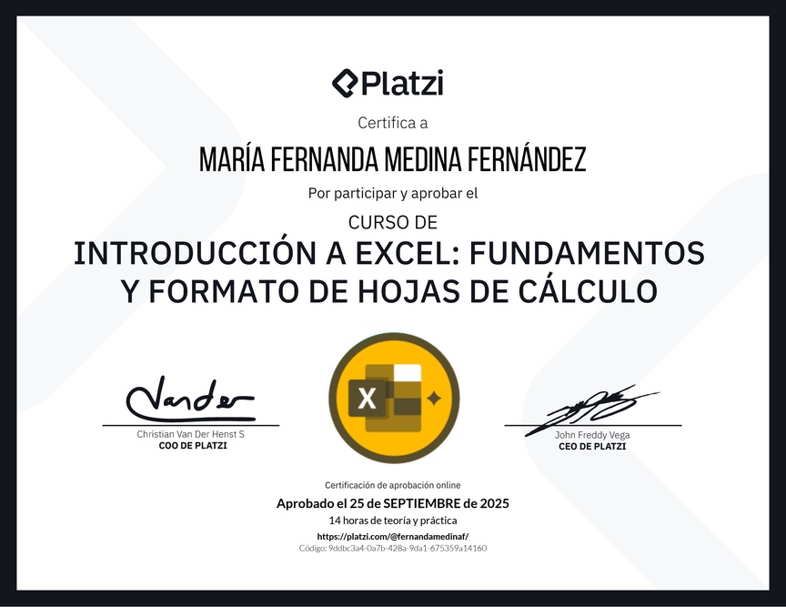 Diploma del Curso de Introducción a Excel para Principiantes: Fundamentos y Formato de Hojas de Cálculo