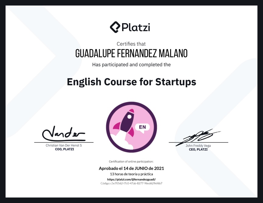 Diploma del Curso para Startups en Inglés (2021)