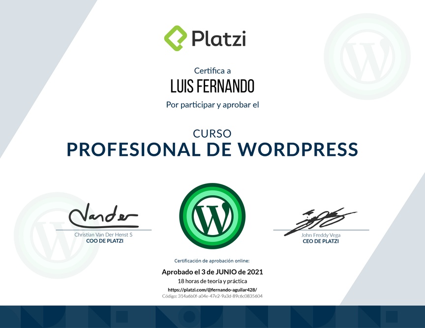 Diploma del Curso Profesional de WordPress