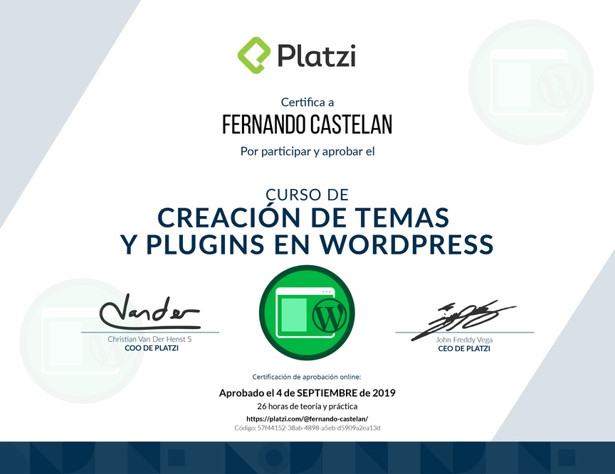Diploma del Curso de Creación de Temas y Plugins en WordPress