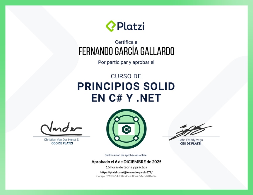 Diploma del Curso de Principios SOLID en C# y .NET