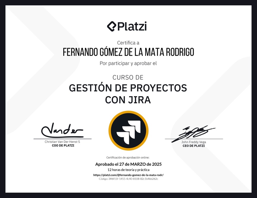 Diploma del Curso de Gestión de Proyectos con Jira