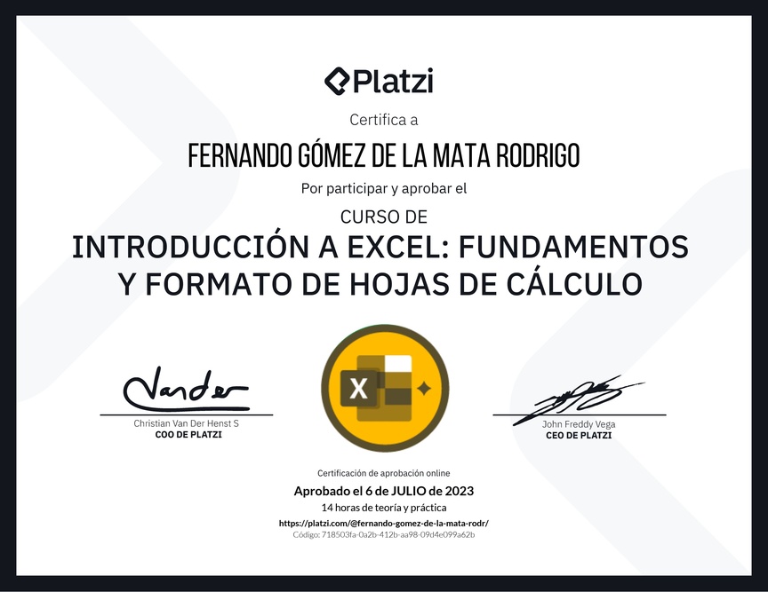 Diploma del Curso de Introducción a Excel para Principiantes: Fundamentos y Formato de Hojas de Cálculo