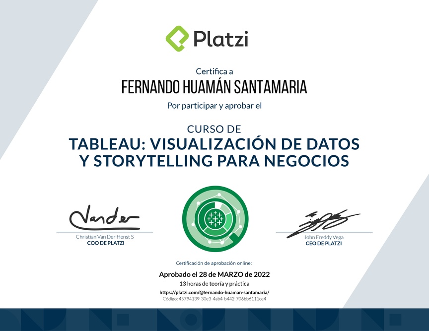 Diploma del Curso de Tableau: Visualización de Datos y Storytelling para Negocios