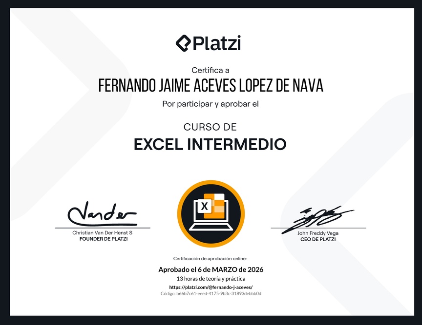 Diploma del Curso de Excel Intermedio