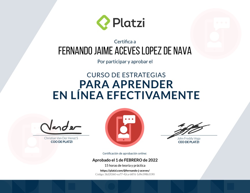 Diploma del Curso de Estrategias para Aprender en Línea Efectivamente 2019