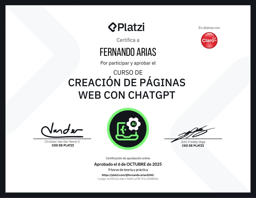 Diploma del Curso de Creación de Páginas Web con ChatGPT