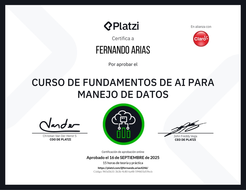 Diploma del Curso de  Fundamentos de AI para Manejo de Datos