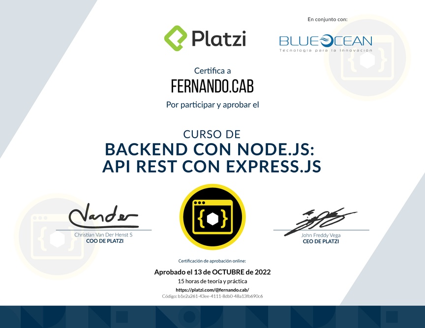 Diploma del Curso de Backend con Node.js: API REST con Express.js
