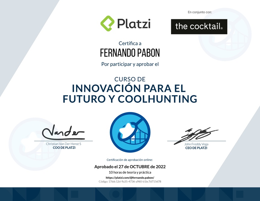 Diploma del Curso de Innovación para el Futuro y Coolhunting