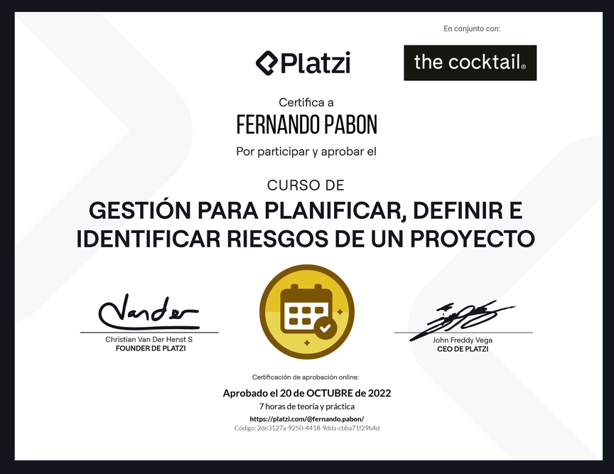 Diploma del Curso de Gestión para Planificar, Definir e Identificar Riesgos de un Proyecto