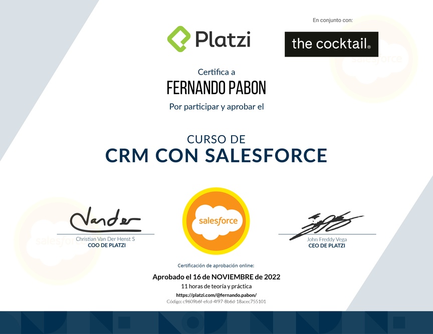 Diploma del Curso de CRM con Salesforce