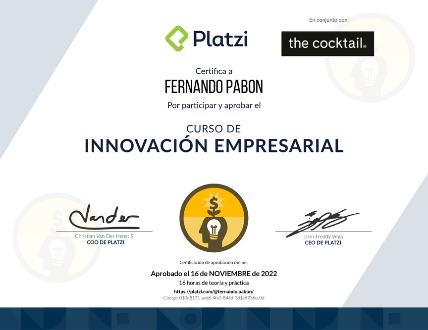 Diploma del Curso de Innovación Empresarial