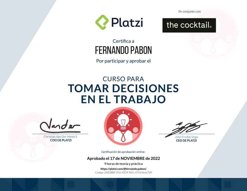Diploma del Curso para Tomar Decisiones en el Trabajo