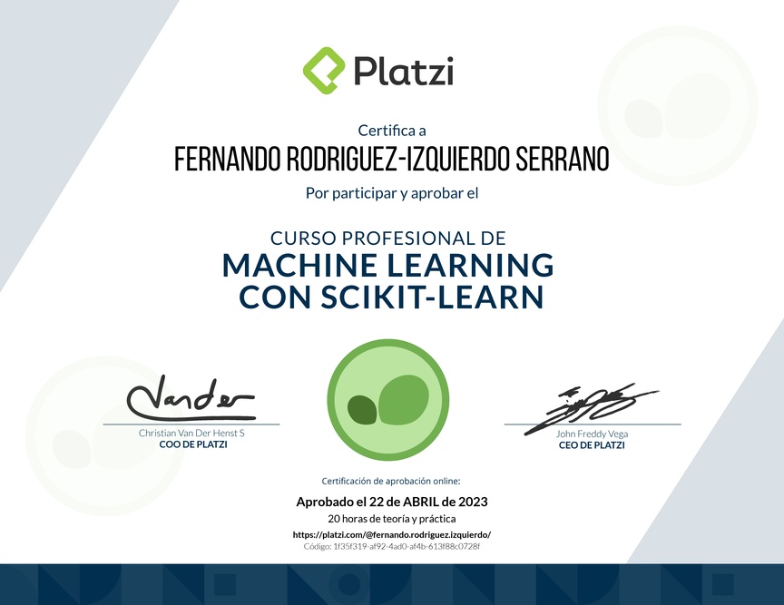 Diploma del Curso Profesional de Machine Learning con scikit-learn