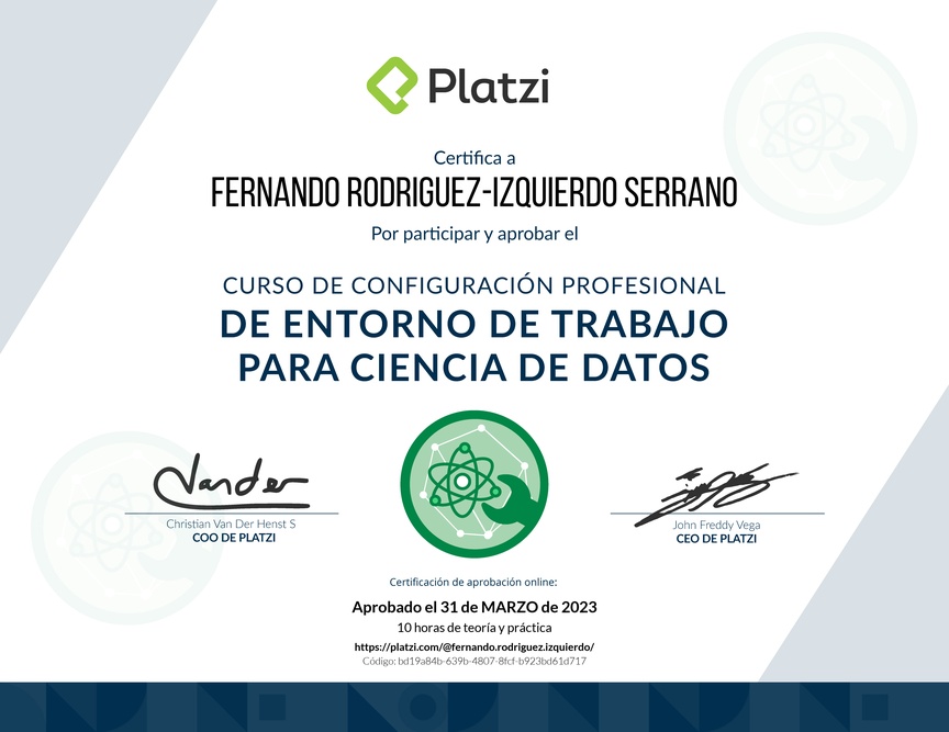 Diploma del Curso de Configuración Profesional de Entorno de Trabajo para Ciencia de Datos