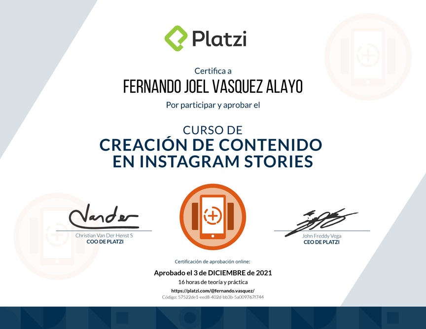 Diploma del Curso de Diseño y Edición de Instagram Stories