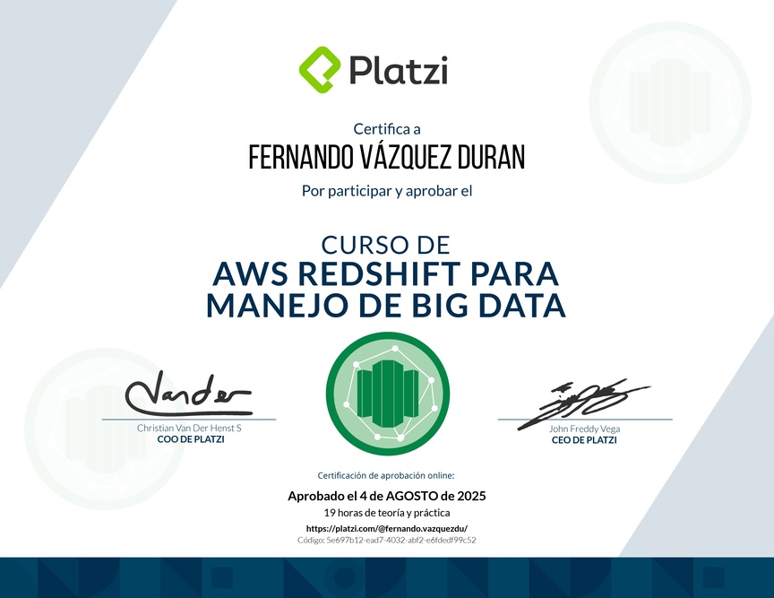 Diploma del Curso de AWS Redshift para Manejo de Big Data