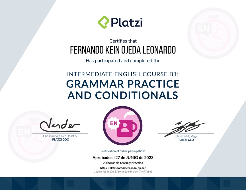 Diploma del Curso de Inglés Intermedio B1: Práctica Gramatical y Condicionales (2021)