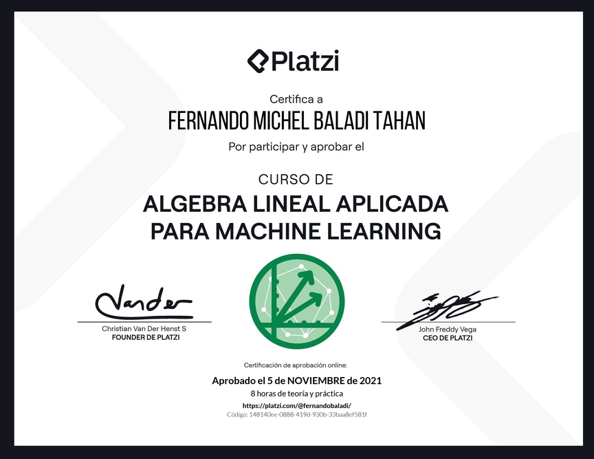 Diploma del Curso de Álgebra Lineal Aplicada para Machine Learning