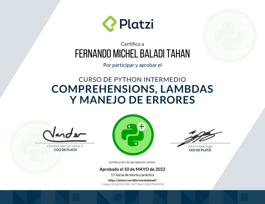 Diploma del Curso de Python Intermedio: Comprehensions, Lambdas y Manejo de Errores