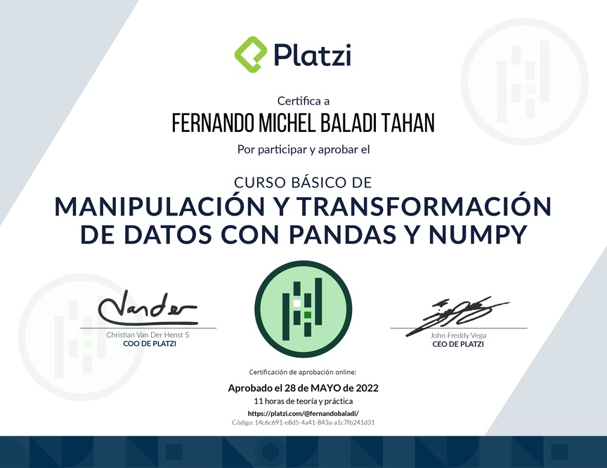 Diploma del Curso de Manipulación y Transformación de Datos con Pandas y NumPy