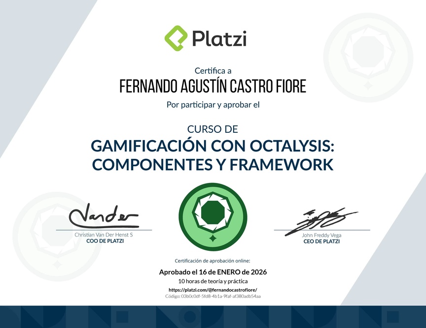 Diploma del Curso de Gamificación con Octalysis: Componentes y Framework