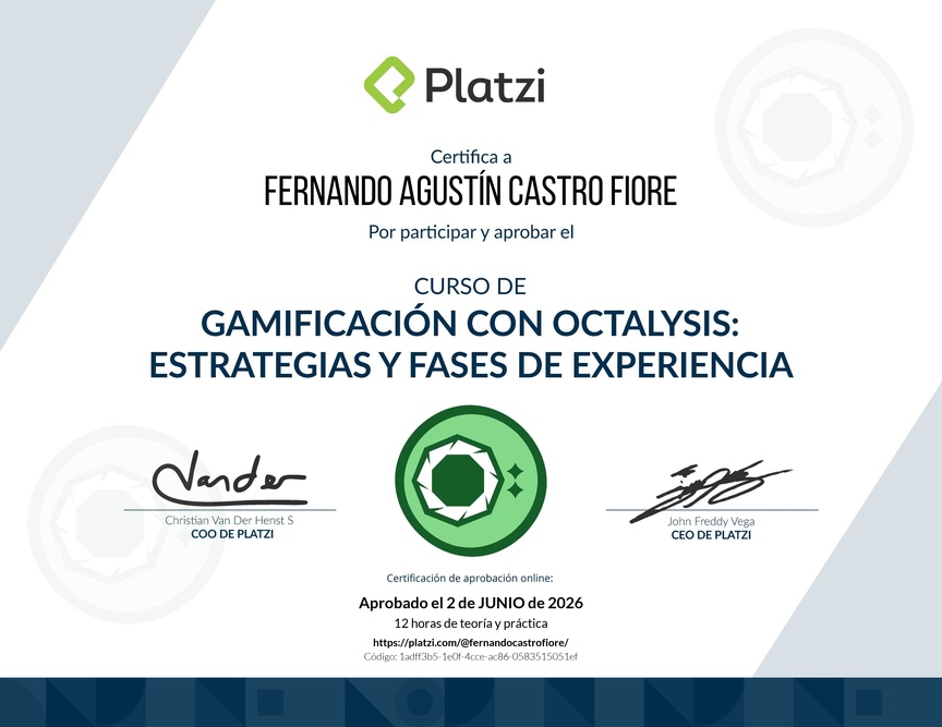 Diploma del Curso de Gamificación con Octalysis: Estrategias y Fases de la Experiencia