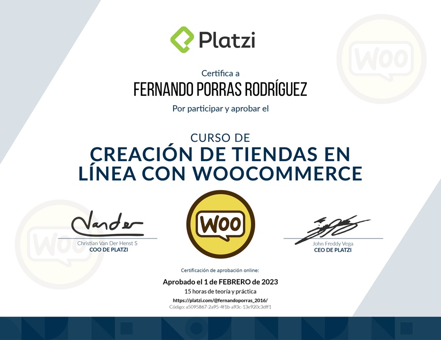 Diploma del Curso de Creación de Tiendas en Línea con WooCommerce