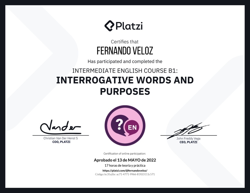 Diploma del Curso de Inglés Intermedio: Palabras Interrogativas y Propósitos (2021)