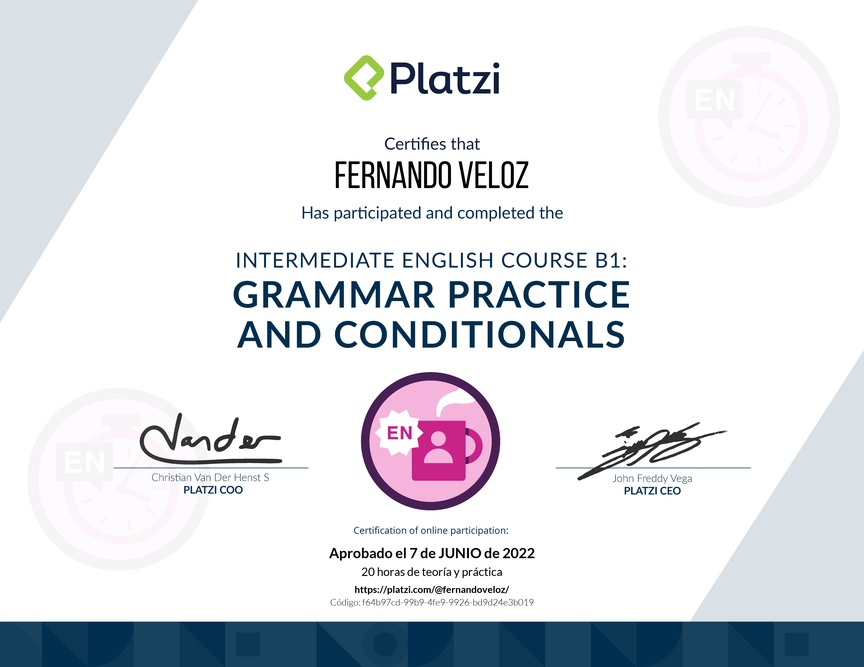 Diploma del Curso de Inglés Intermedio B1: Práctica Gramatical y Condicionales (2021)