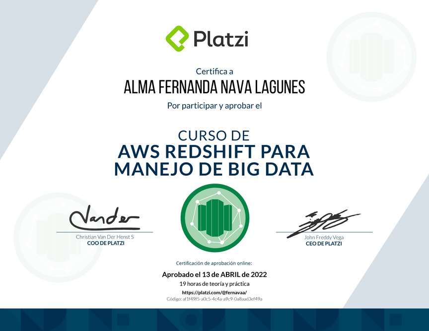 Diploma del Curso de AWS Redshift para Manejo de Big Data
