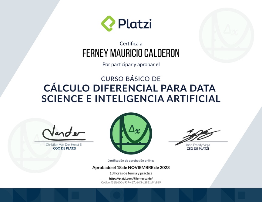 Diploma del Curso Básico de Cálculo Diferencial para Data Science e Inteligencia Artificial