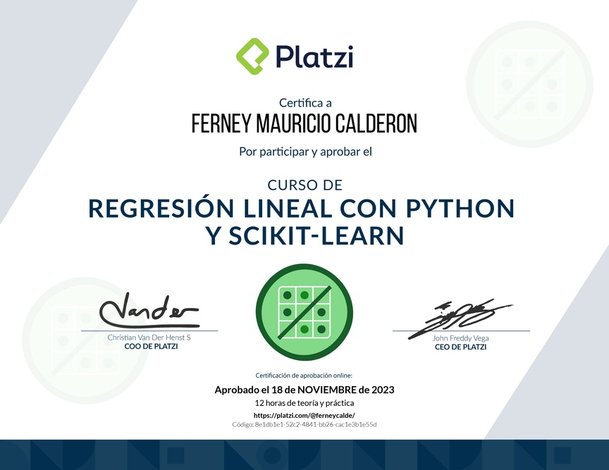 Diploma del Curso de Regresión Lineal con Python y scikit-learn