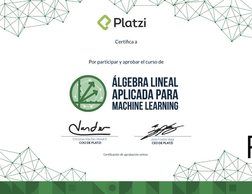 Diploma del Curso de Álgebra Lineal Aplicada para Machine Learning