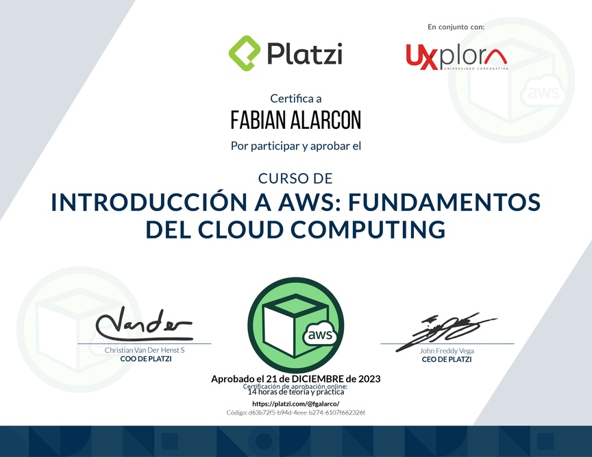 Diploma del Curso de Introducción a AWS: Fundamentos de Cloud Computing