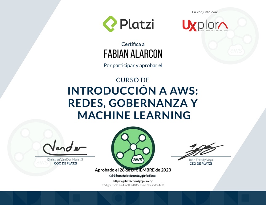 Diploma del Curso de Introducción a AWS: Redes, Gobernanza y Machine Learning