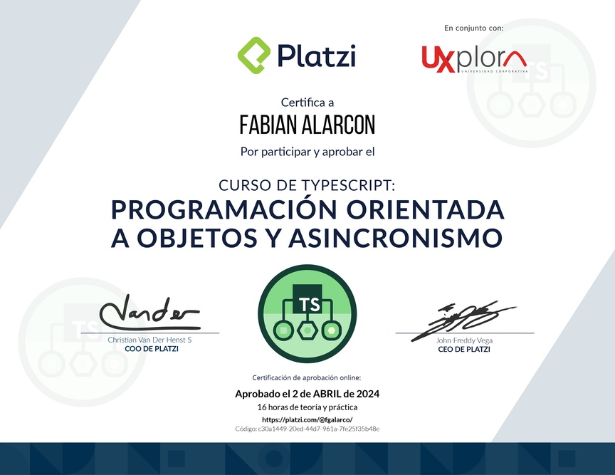 Diploma del Curso de TypeScript: Programación Orientada a Objetos y Asincronismo