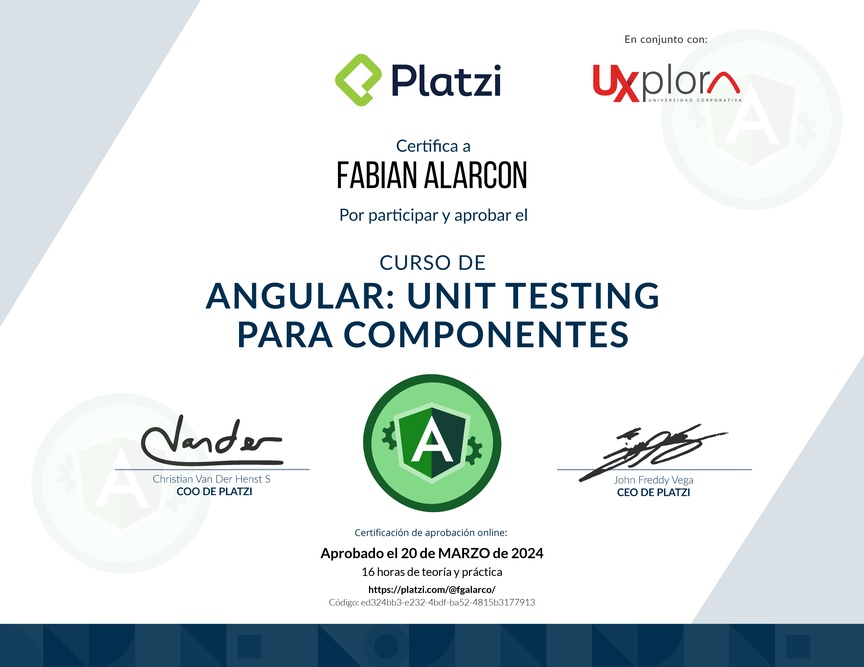 Diploma del Curso de Angular: Unit Testing para Componentes