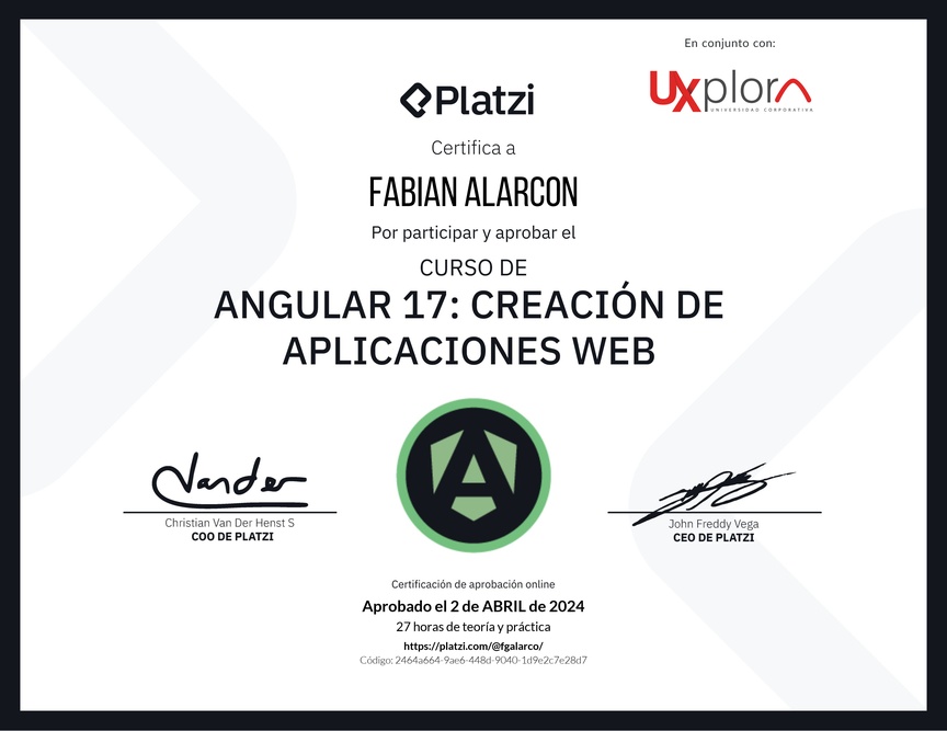 Diploma del Curso de Angular: Creación de Aplicaciones Web