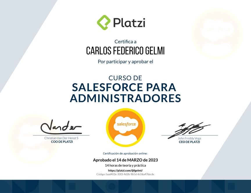 Diploma del Curso de Salesforce para Administradores
