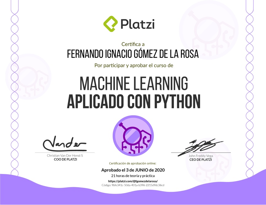 Diploma del Curso de Machine Learning Aplicado con Python