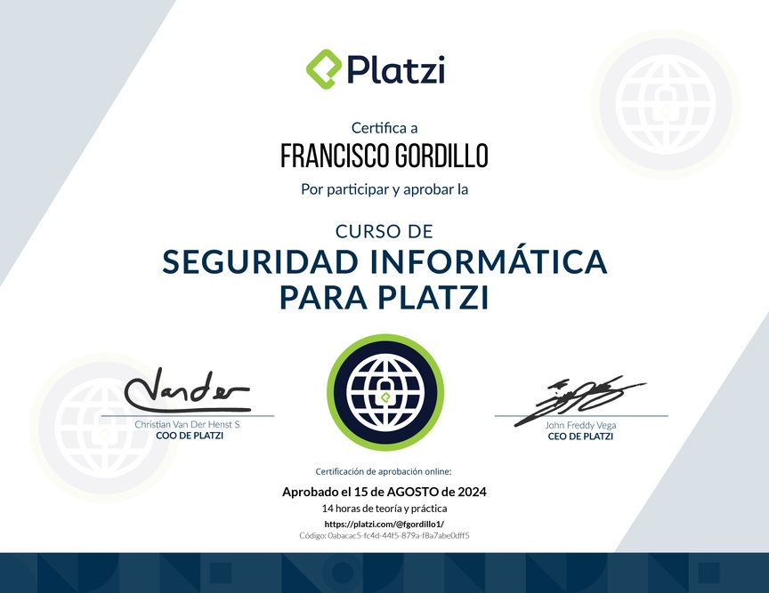 Diploma del Curso de Seguridad Informática para Platzi